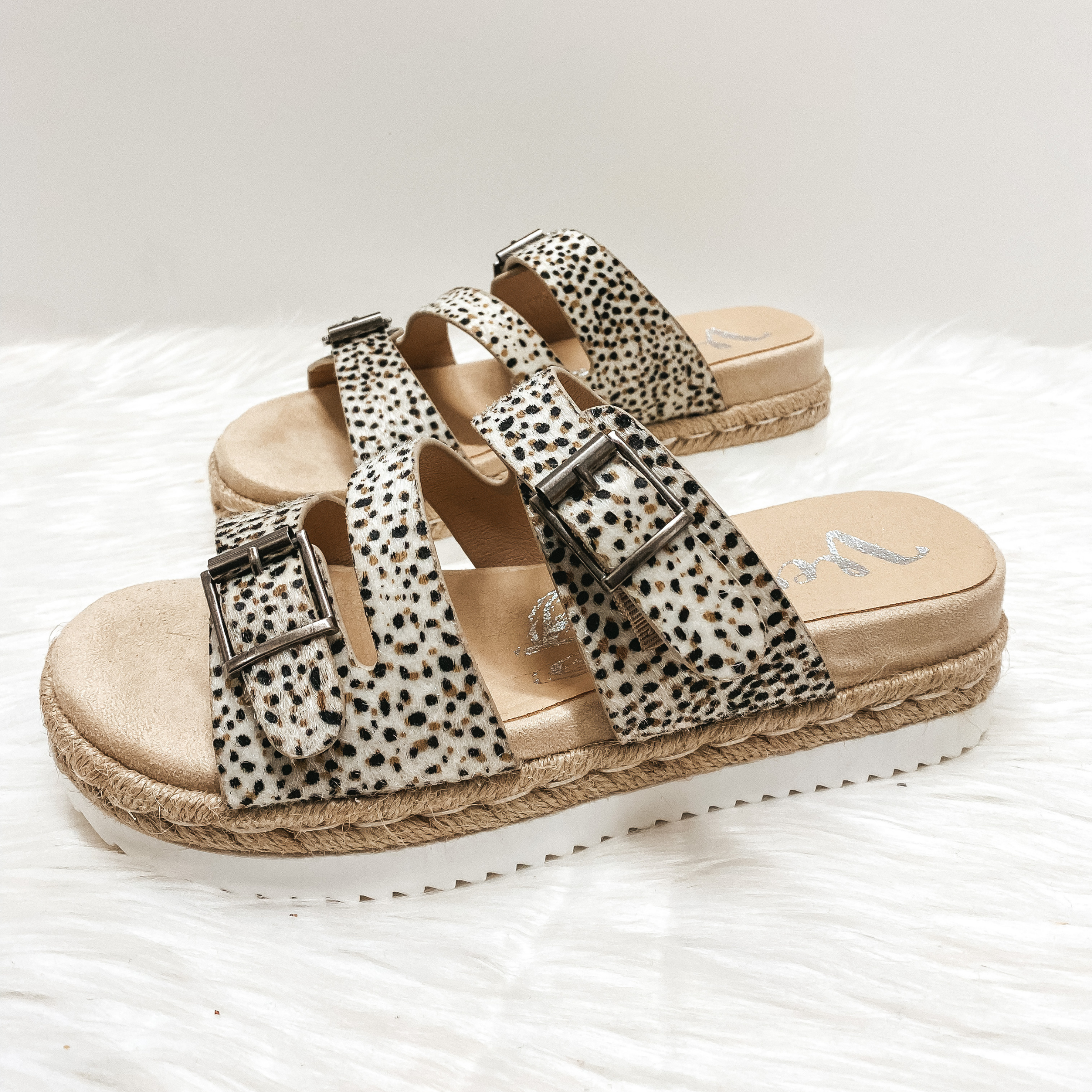 Very G | Traveling Places Strappy Faux Hide Platform Sandals with Buckles in Dotted Beige - Giddy Up Glamour Boutique