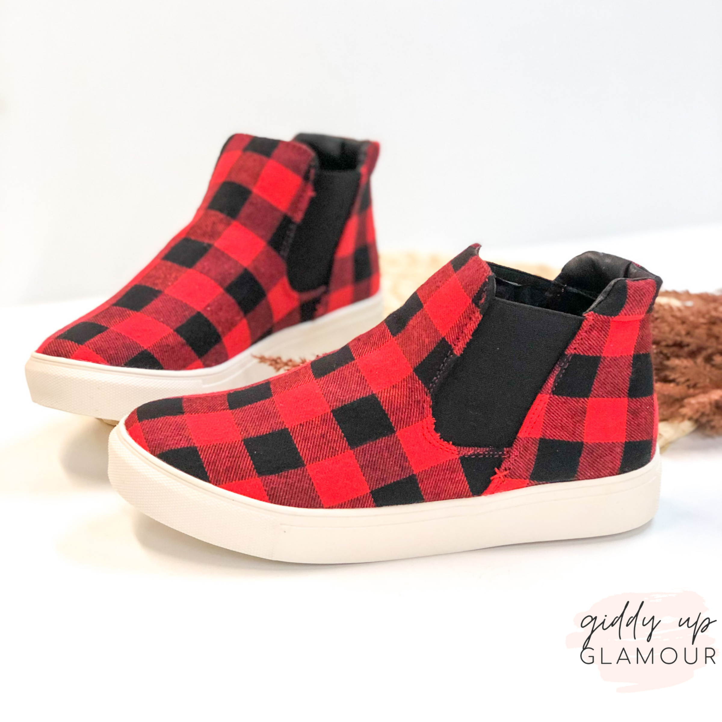 Very G | Downtown Stroll High Top Slip On Buffalo Plaid Sneakers in Red - Giddy Up Glamour Boutique