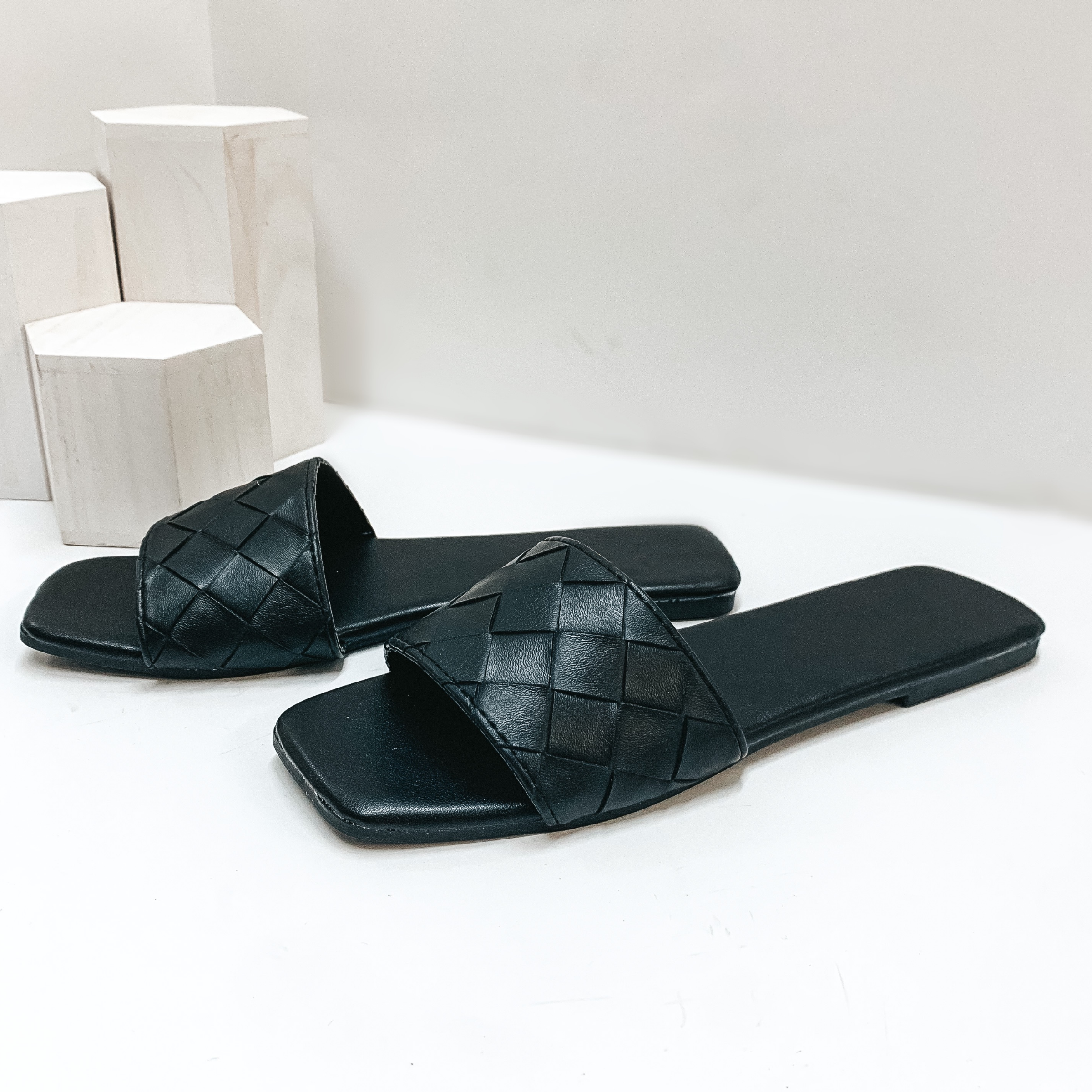 Always Looking Up Basket Weave One Strap Slide On Sandals in Black - Giddy Up Glamour Boutique