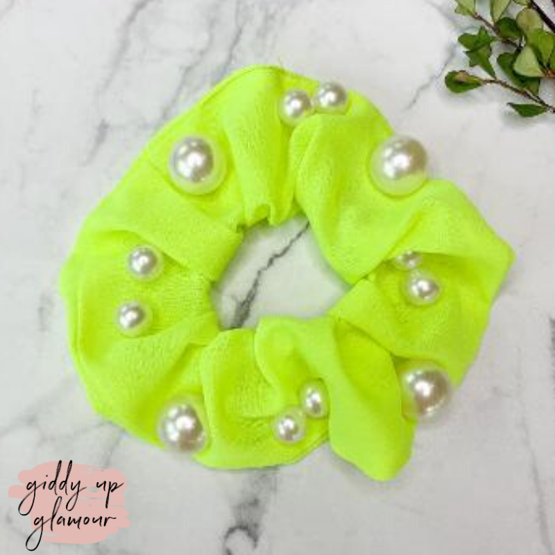 Buy 3 for $10 | Uptown Flare Large Pearl Embroidered Hair Scrunchie in Neon Yellow - Giddy Up Glamour Boutique