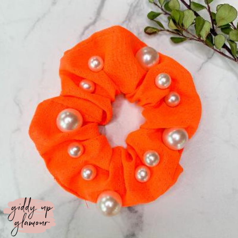 Buy 3 for $10 | Uptown Flare Large Pearl Embroidered Hair Scrunchie in Neon Orange - Giddy Up Glamour Boutique
