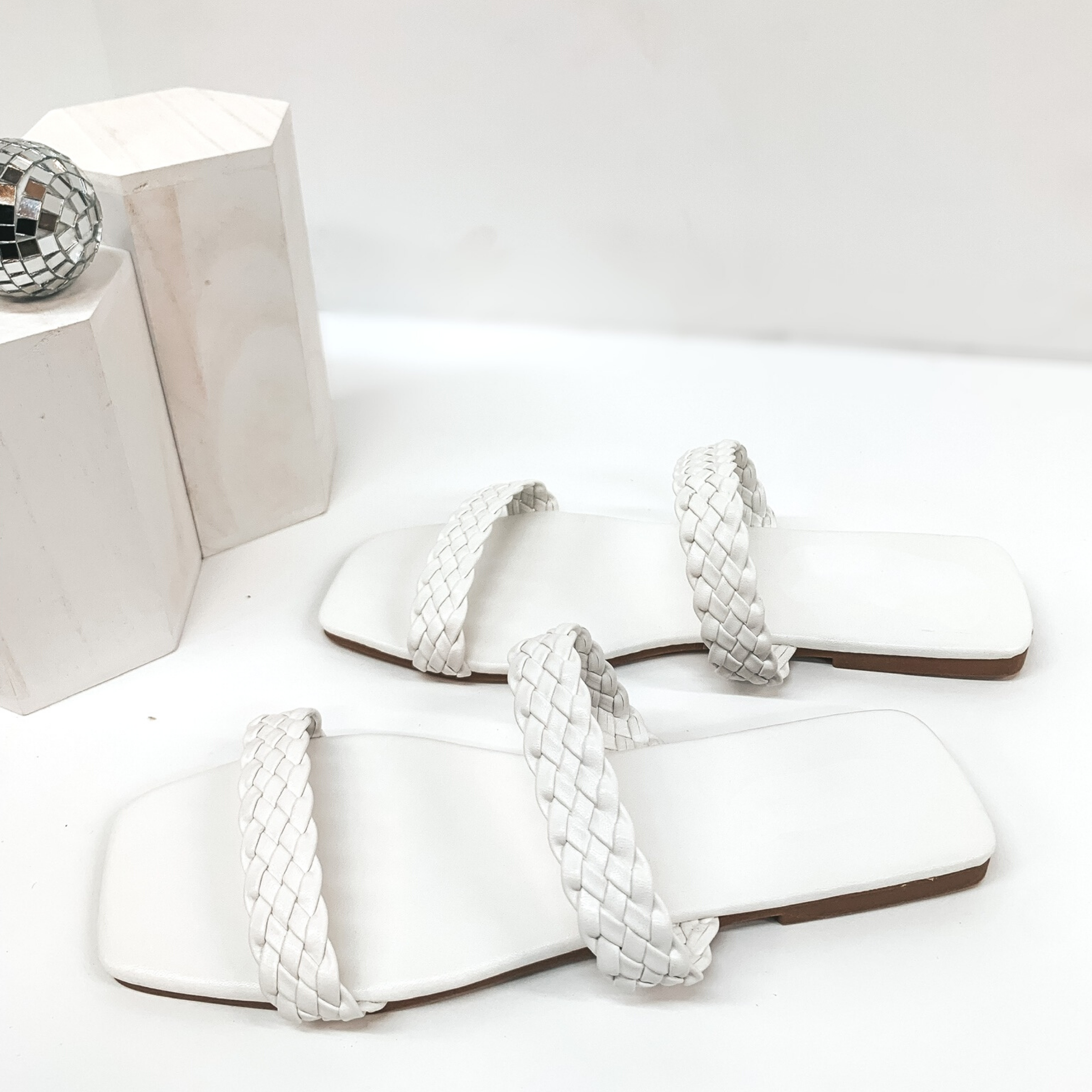 Uptown Stroll Braided Two Strap Slide On Sandals in White - Giddy Up Glamour Boutique