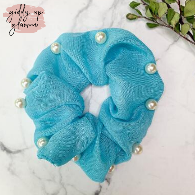 Buy 3 for $10 | Uptown Flare Pearl Embroidered Hair Scrunchie in Blue - Giddy Up Glamour Boutique