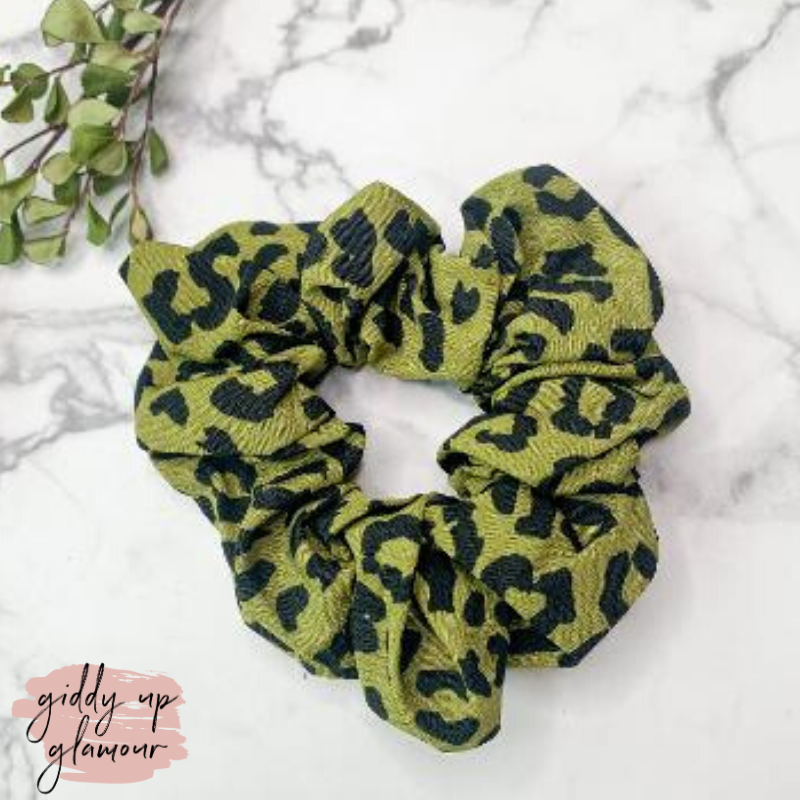 Buy 3 for $10 | Pure Purr-fection Leopard Hair Scrunchie in Olive Green - Giddy Up Glamour Boutique