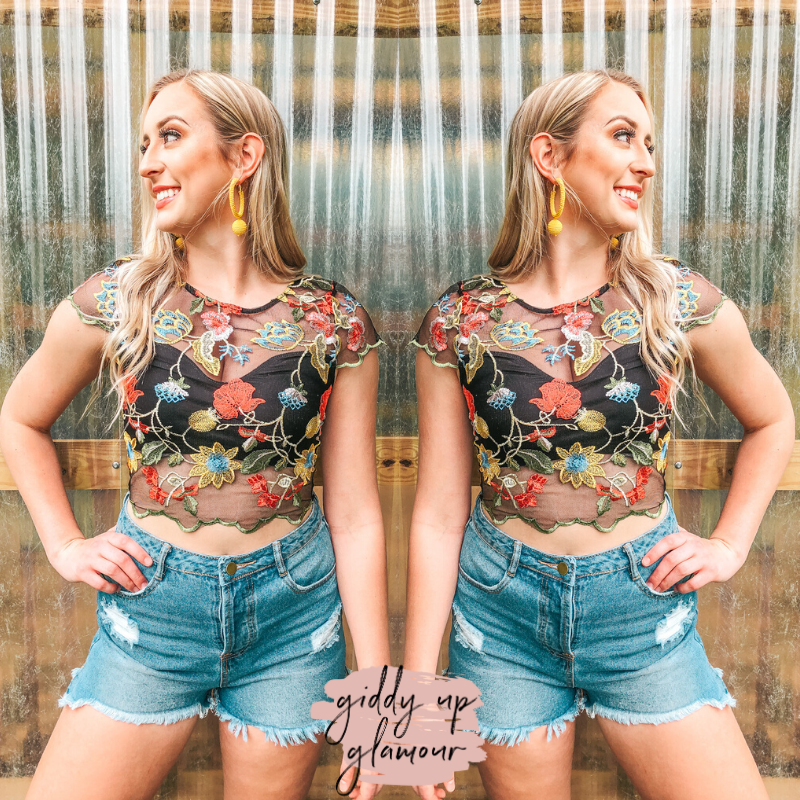 Last Chance Size Small | Catching Hope Floral Embroidered Lace Crop Top in Black - Giddy Up Glamour Boutique