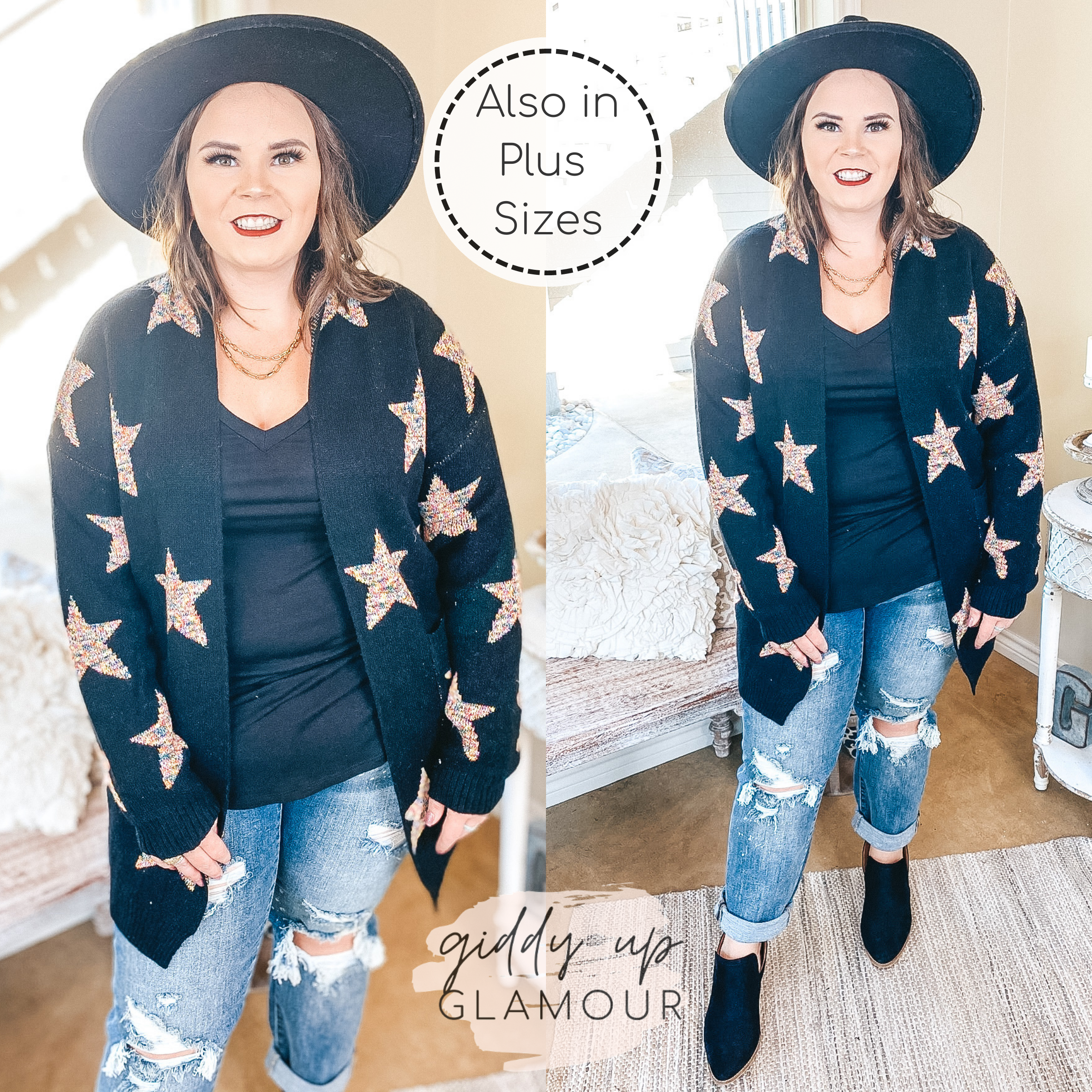 Cozy Constellations Multi-Color Star Print Cardigan with Pockets in Black - Giddy Up Glamour Boutique