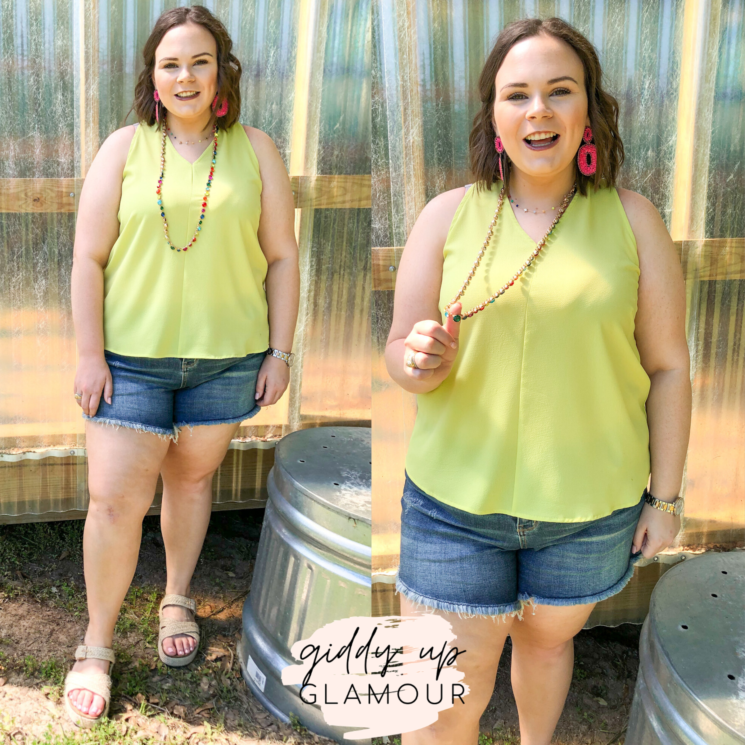 A Graceful Way V-Neck Tank Top with Ribbon in Lime Green - Giddy Up Glamour Boutique