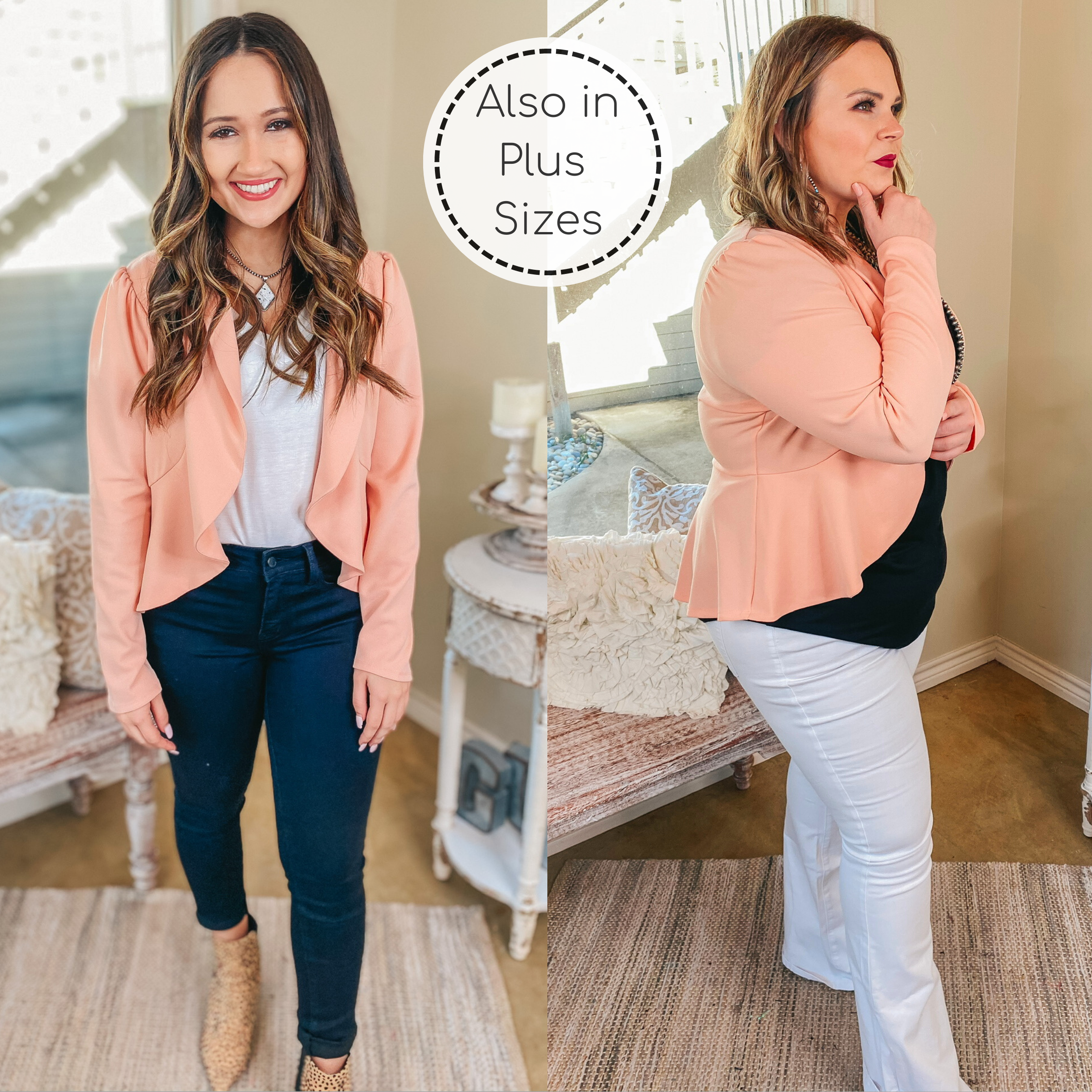 Coffee Please Open Front Long Sleeve Peplum Blazer in Peach Pink - Giddy Up Glamour Boutique