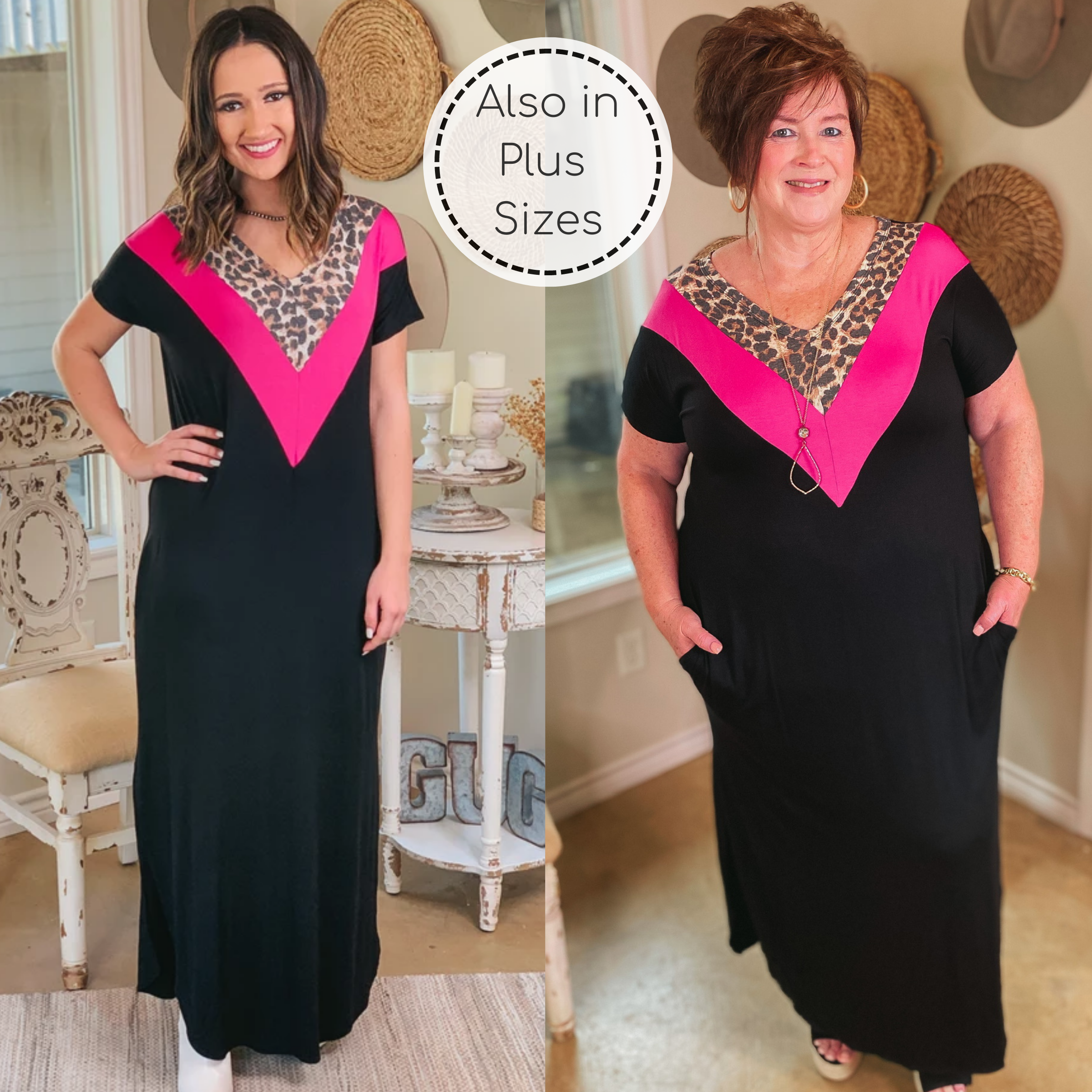 A Wild Time Leopard and Fuchsia V Neck Accent Maxi Dress in Black - Giddy Up Glamour Boutique