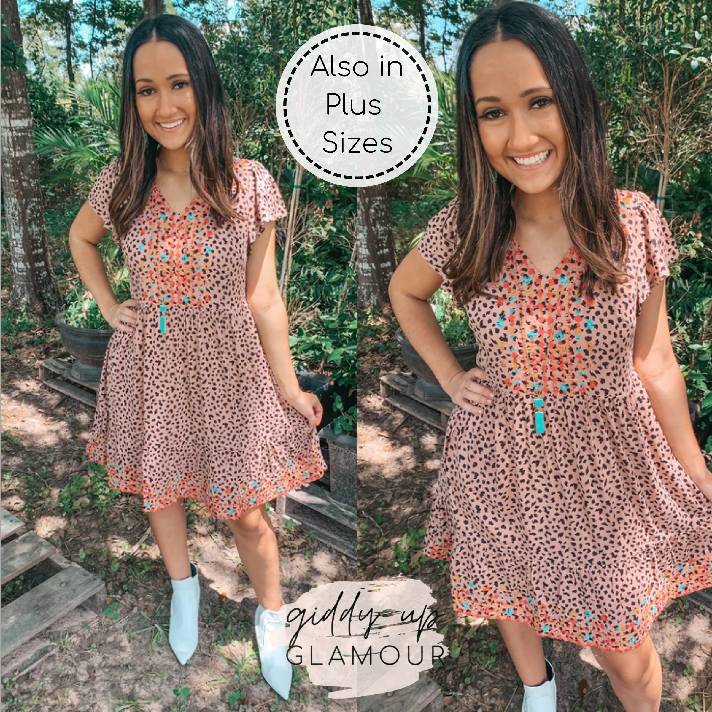 Looking Good Feeling Better Spotted Dress with Colorful Embroidery in Dusty Pink - Giddy Up Glamour Boutique
