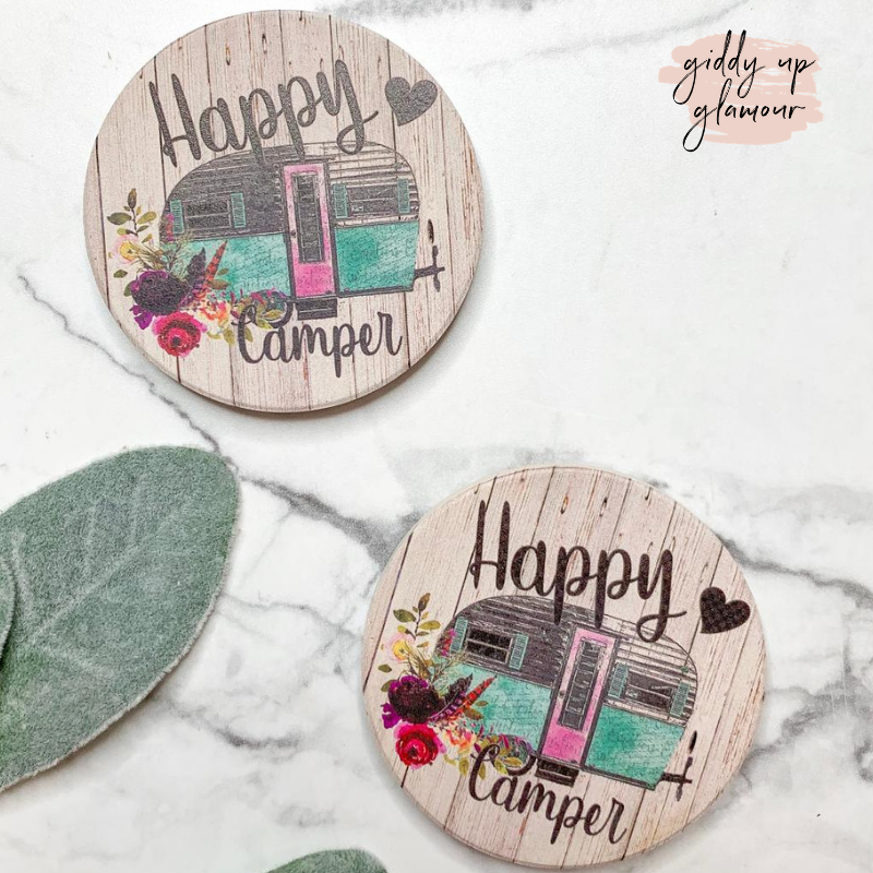 Set of Two | Happy Camper Car Coasters - Giddy Up Glamour Boutique