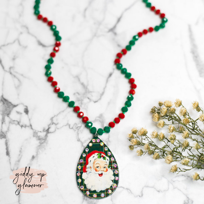 Classic Santa Crystal Beaded Necklace in Green Plaid - Giddy Up Glamour Boutique