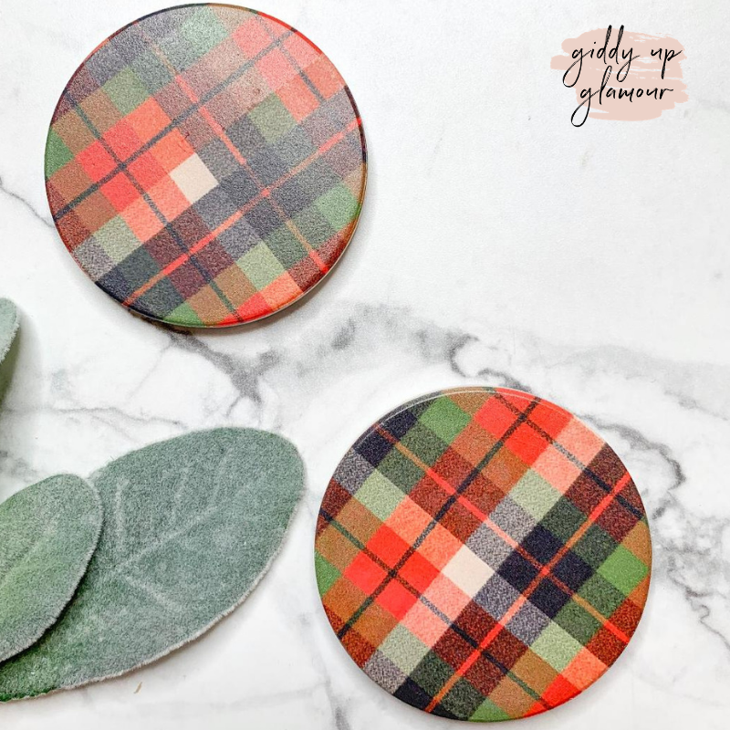 Set of Two | Red Plaid Car Coasters - Giddy Up Glamour Boutique