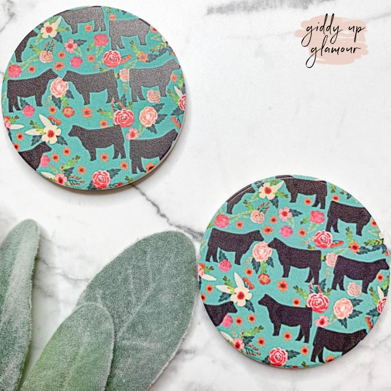 Set of Two | Floral Steer Car Coasters - Giddy Up Glamour Boutique