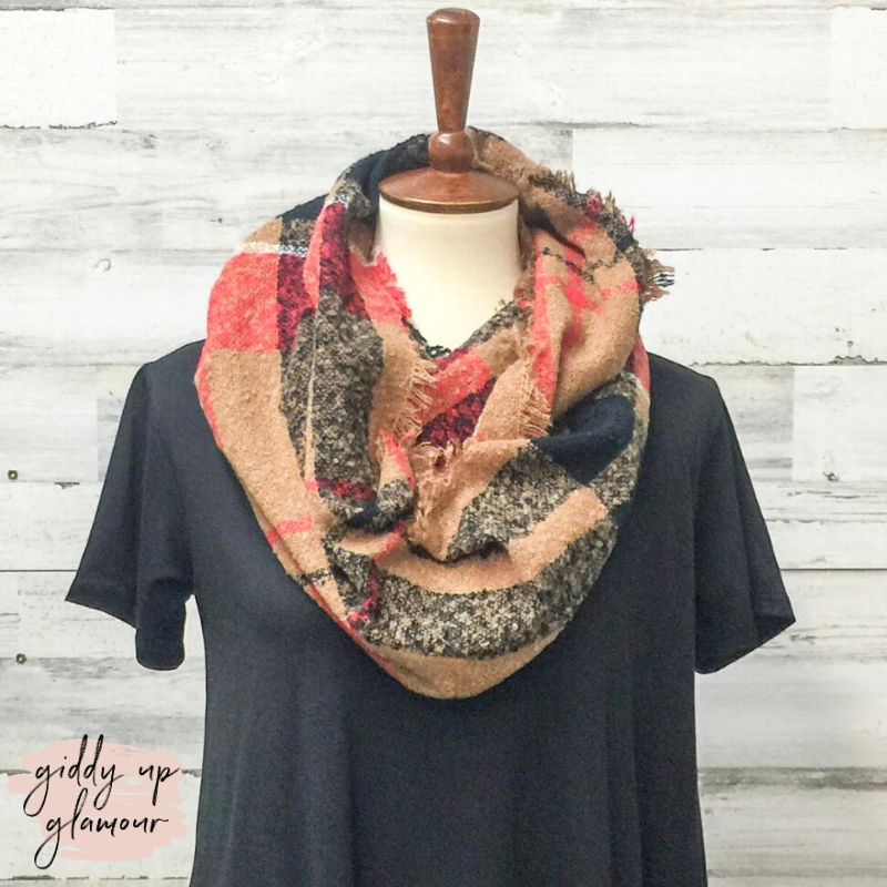 Plaid Infinity Scarf in Cognac - Giddy Up Glamour Boutique
