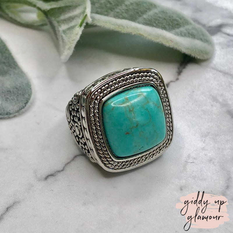 Silver Toned Wheat Textured Fashion Ring with Turquoise Stone - Giddy Up Glamour Boutique