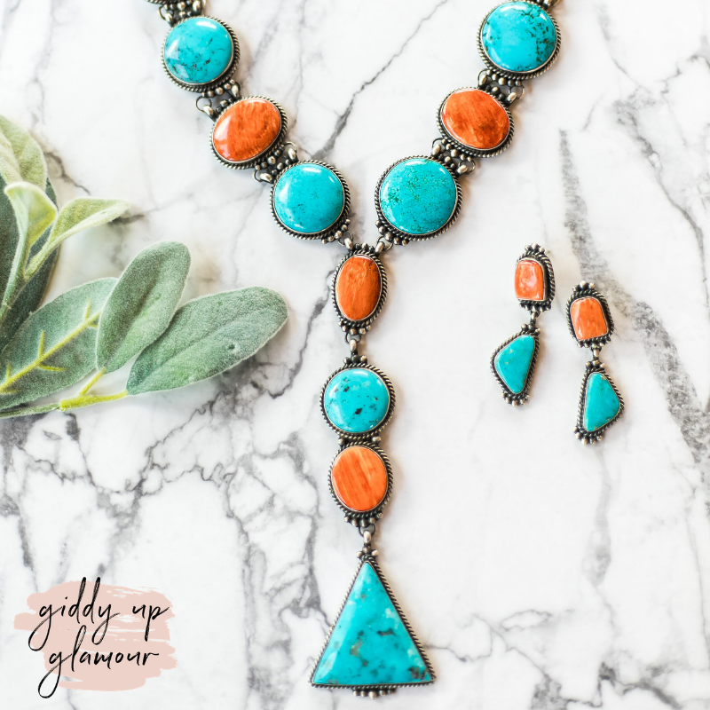 Marie Bahe | Navajo Handmade Spiny Oyster & Kingman Turquoise Lariat Necklace + Matching Earrings - Giddy Up Glamour Boutique