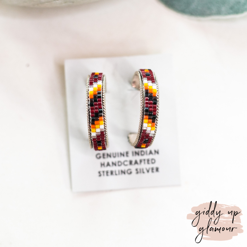 Navajo | Navajo Handmade Multi Colored Aztec Beaded Hoop Earrings in Maroon #4 - Giddy Up Glamour Boutique