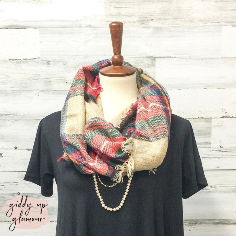 Plaid Infinity Scarf in Beige - Giddy Up Glamour Boutique