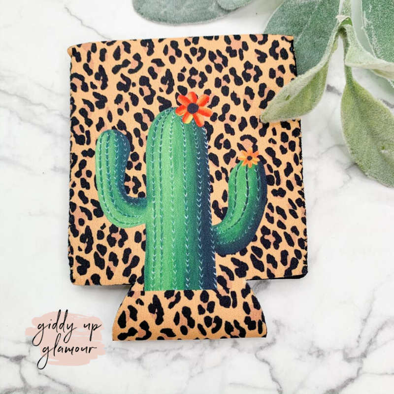 Orange Floral Cactus Koozie in Leopard - Giddy Up Glamour Boutique