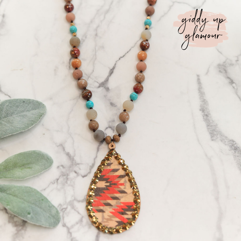 Beaded Teardrop Pendant Necklace in Red Aztec - Giddy Up Glamour Boutique