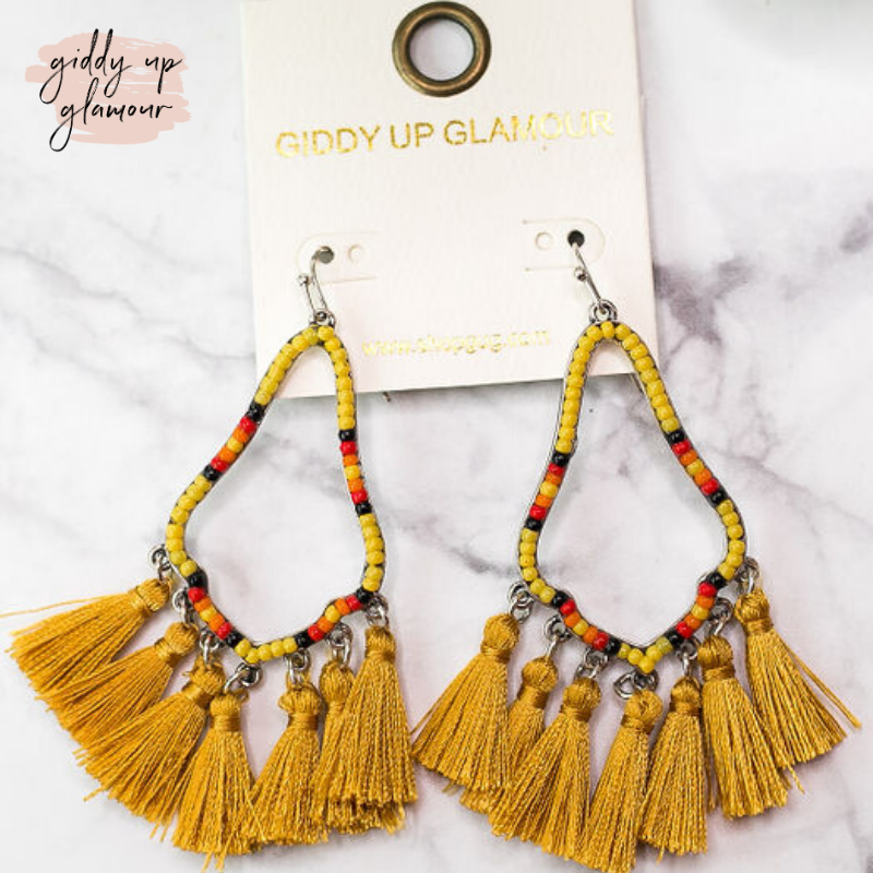 Beaded Aztec Drop Earrings with Fringe Tassels in Mustard - Giddy Up Glamour Boutique