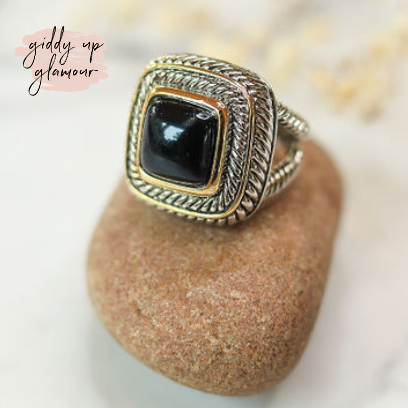 Large Two Toned Ring with Black Stone - Giddy Up Glamour Boutique