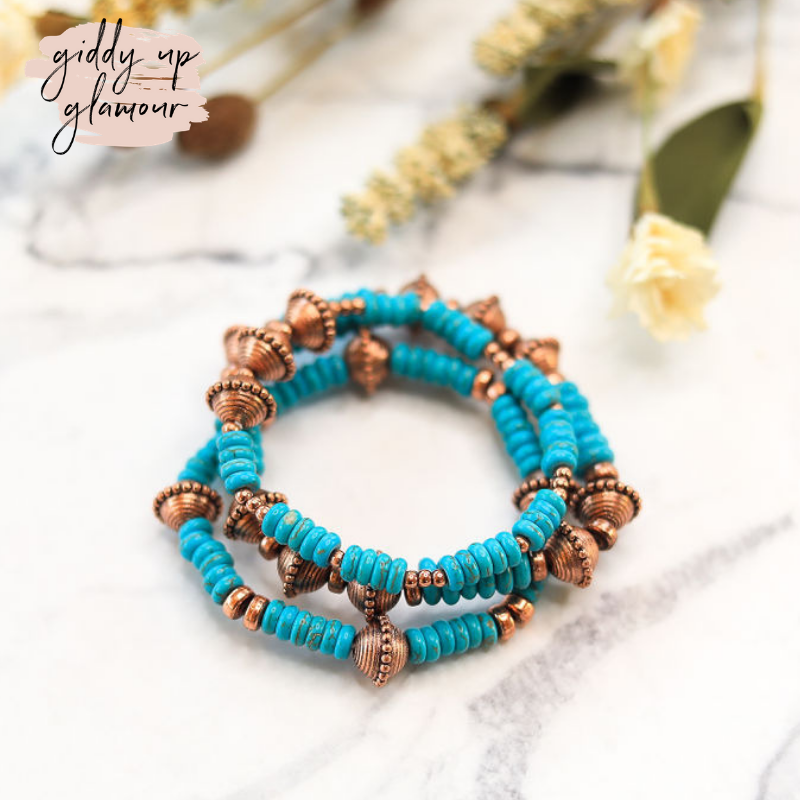 Set of 3 Native Inspired Beaded Bracelets in Turquoise and Copper Tone - Giddy Up Glamour Boutique