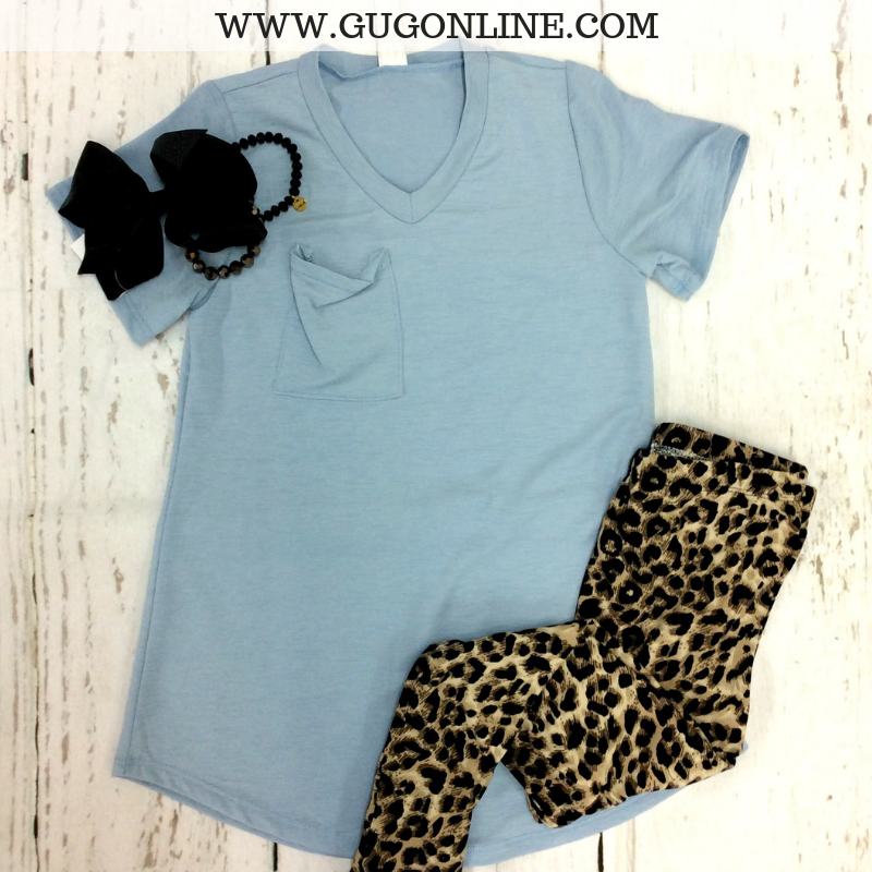 Kids Just Right Short Sleeve Pocket Tee in Columbia Blue - Giddy Up Glamour Boutique