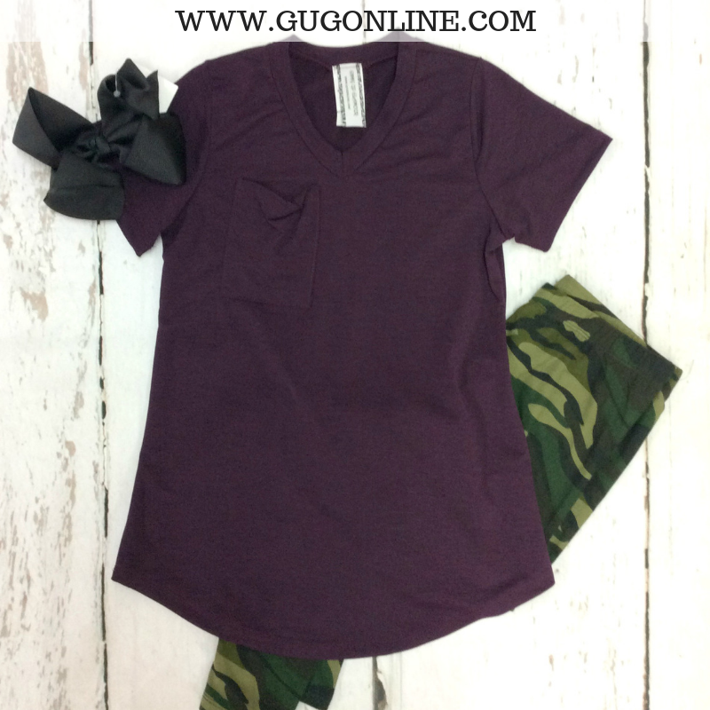 Kids Just Right Short Sleeve Pocket Tee in Eggplant Purple - Giddy Up Glamour Boutique