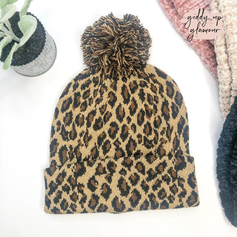 Knit Pom Pom Beanie in Leopard - Giddy Up Glamour Boutique