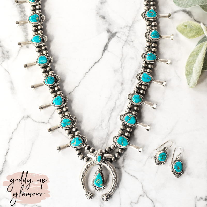 Shirley Henry | Navajo Handmade Sterling Silver & Kingman Turquoise Vintage Squash Blossom Necklace + Matching Earrings - Giddy Up Glamour Boutique