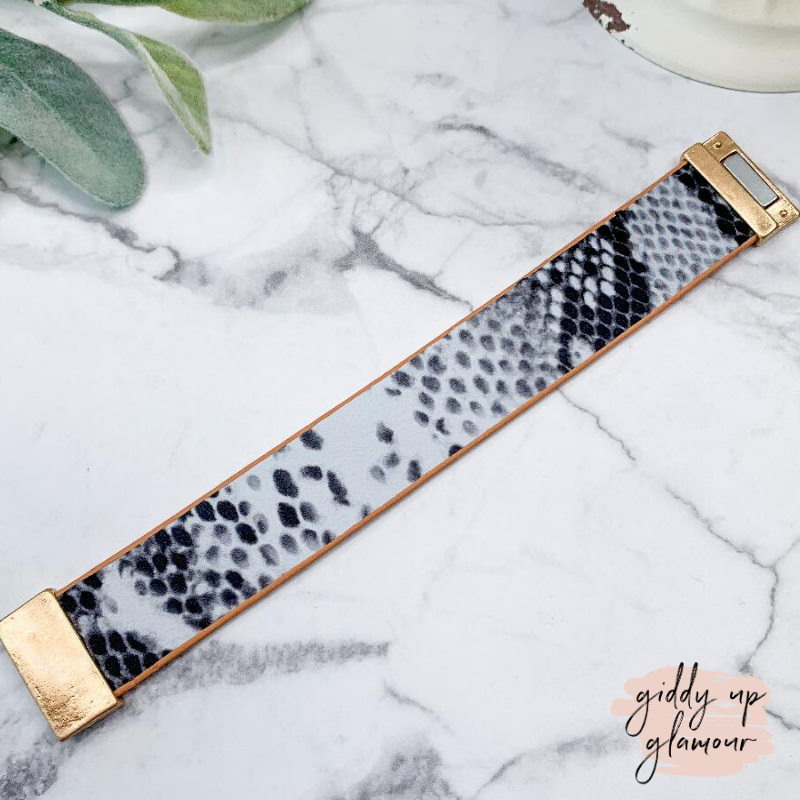 Leather Bracelet with Magnetic Clasp in Black Snakeskin - Giddy Up Glamour Boutique