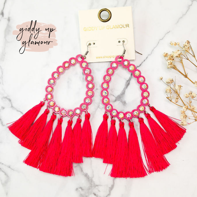 Last Chance | AB Crystal Teardrop Earrings with Tassel Trim in Fuchsia - Giddy Up Glamour Boutique