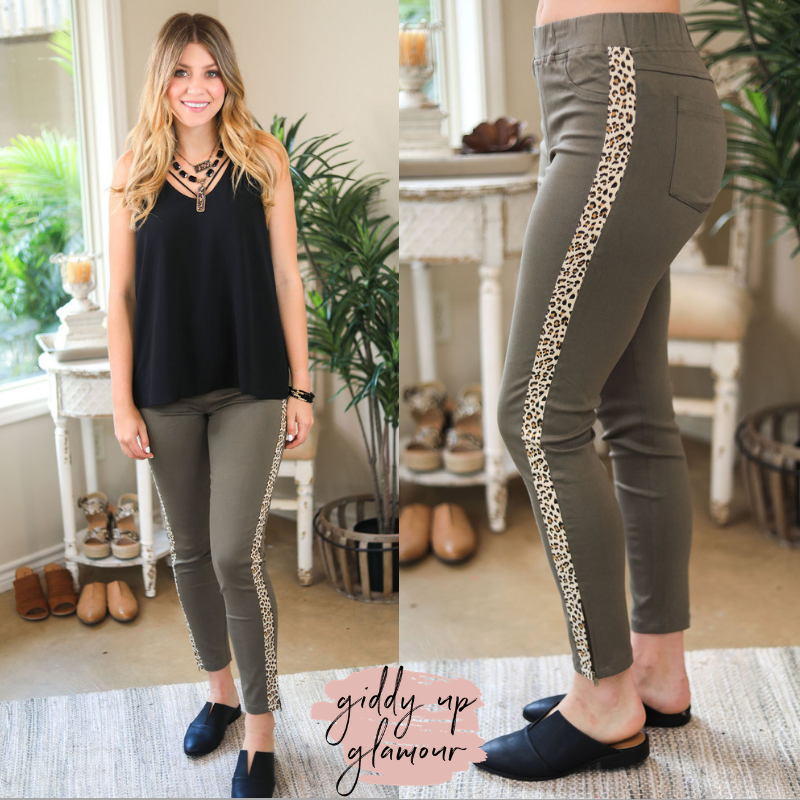 Subtle Charm Skinny Leg Pants with Leopard Side Stripe in Olive Green - Giddy Up Glamour Boutique