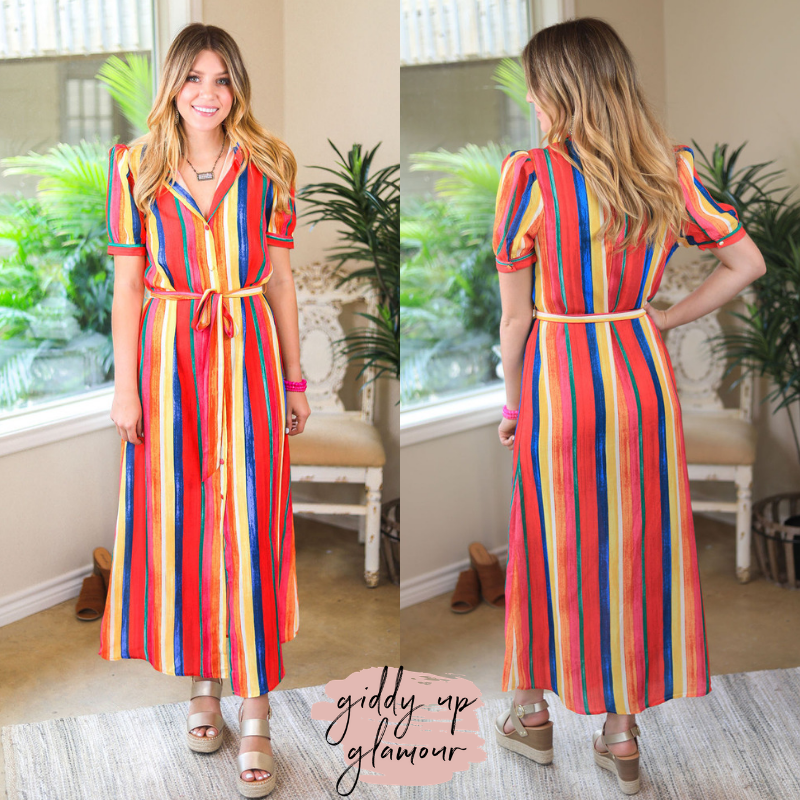 Chasing Rainbows Multi Color Stripe Button Up Midi Dress - Giddy Up Glamour Boutique