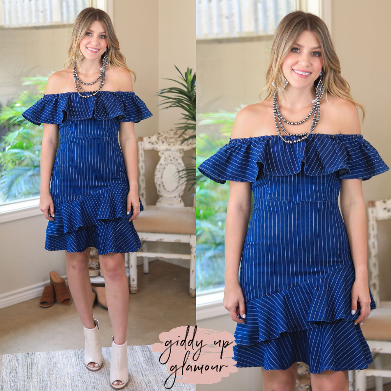 Above and Beyond Pinstripe Ruffle Denim Dress in Dark Wash - Giddy Up Glamour Boutique