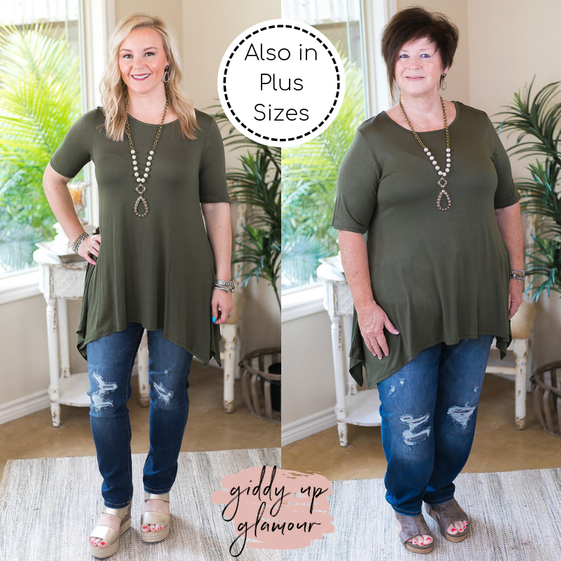 Last Chance Size M & L | Whenever This Happens Solid Handkerchief Tunic Top in Olive Green - Giddy Up Glamour Boutique