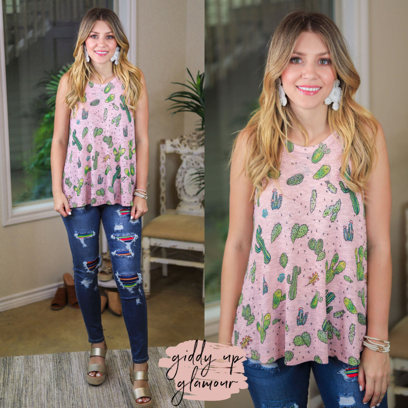 Point Made Cactus Print Halter Tank Top in Light Pink - Giddy Up Glamour Boutique
