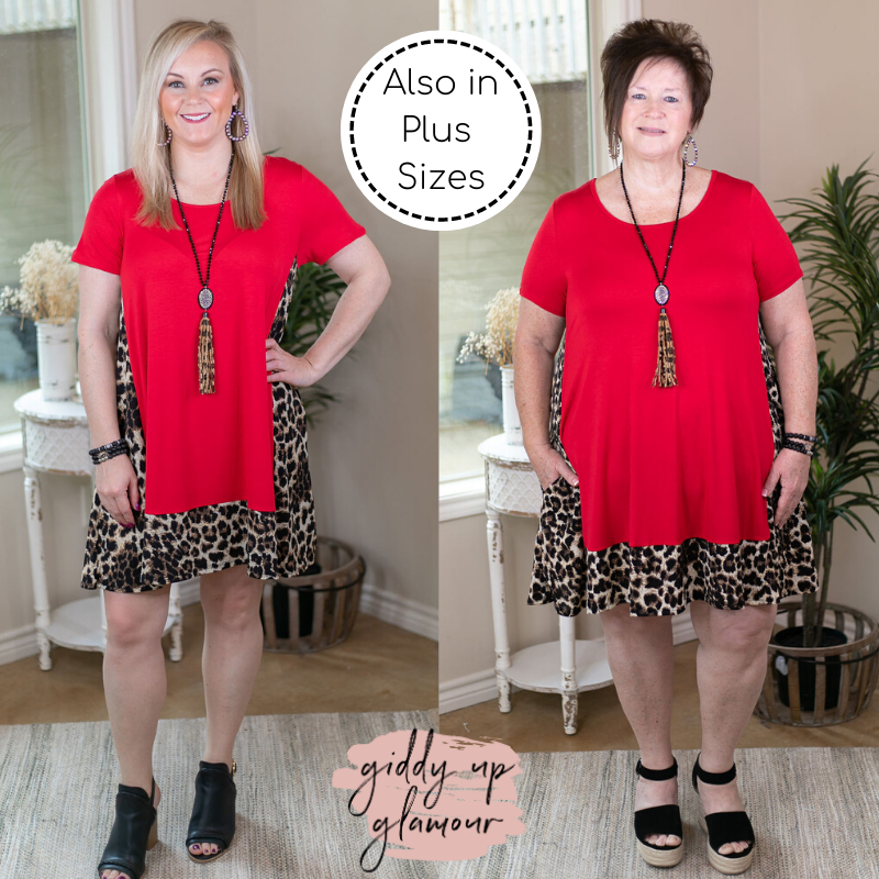 Last Chance Size S & M | It's My Way Solid Dress with Leopard Print Trim in Red - Giddy Up Glamour Boutique
