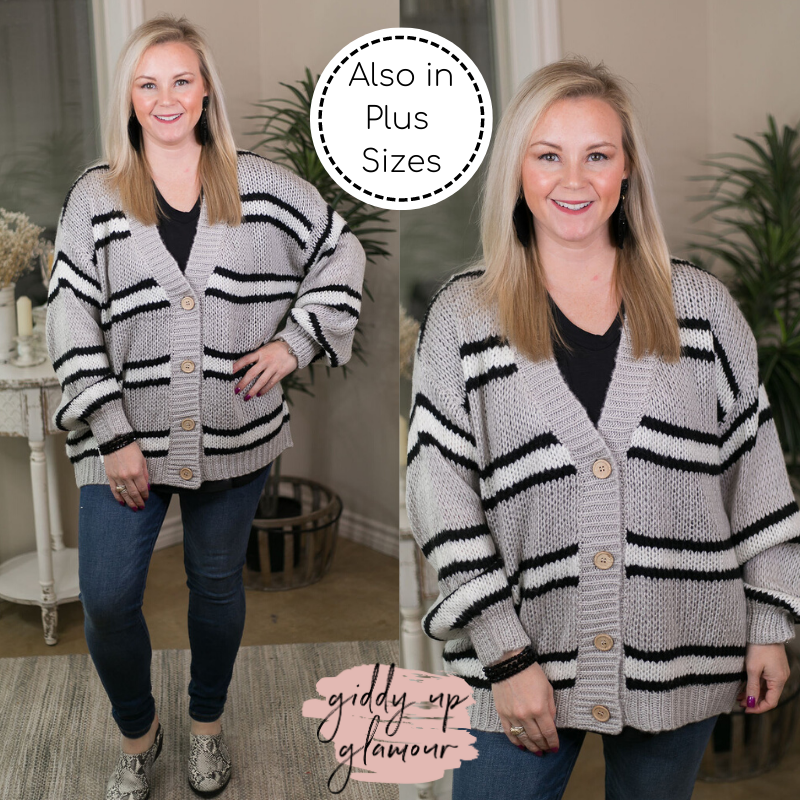 Last Chance Size Small | It's A Beautiful Day Over Size Stripe Button Up Knit Cardigan in Grey - Giddy Up Glamour Boutique