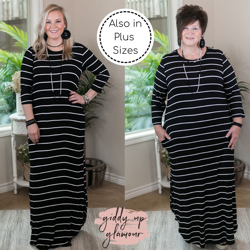 Last Chance Size Small & Medium | Set The Tone Stripe Maxi Dress with Pockets in Black - Giddy Up Glamour Boutique