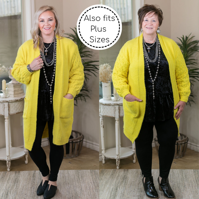 She's Dangerous Long Knit Cardigan with Braid Knitted Sleeves in Bright Yellow - Giddy Up Glamour Boutique