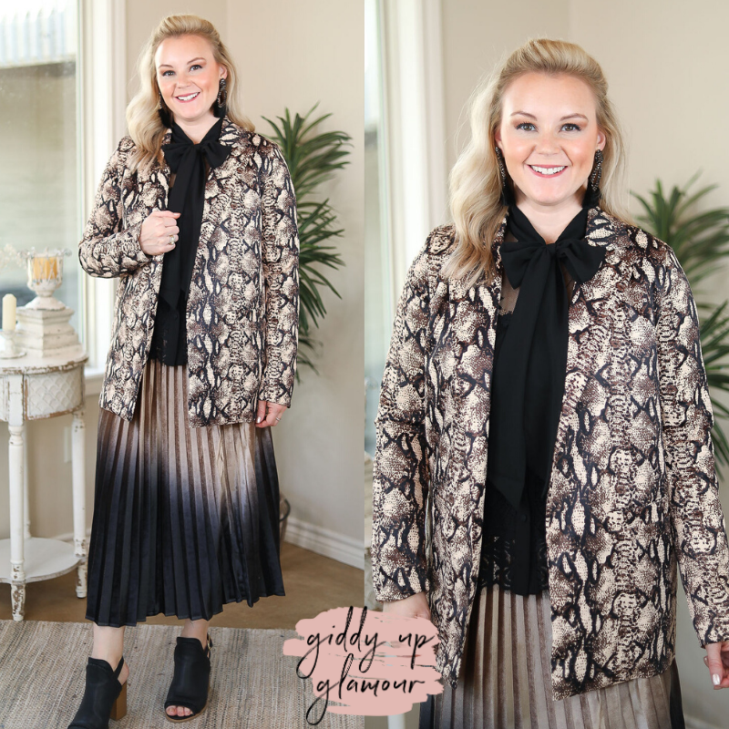 Hiss on the Lips Snakeskin Print Woven Jacket in Camel - Giddy Up Glamour Boutique