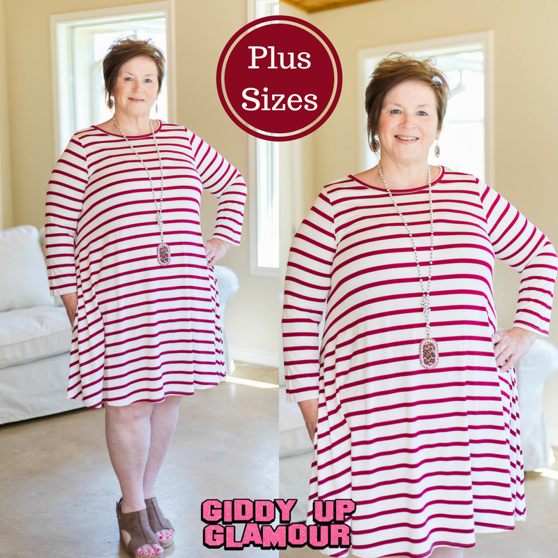 Last Chance Size 1XL | All The Stripe A Line Tunic Dress in Maroon - Giddy Up Glamour Boutique