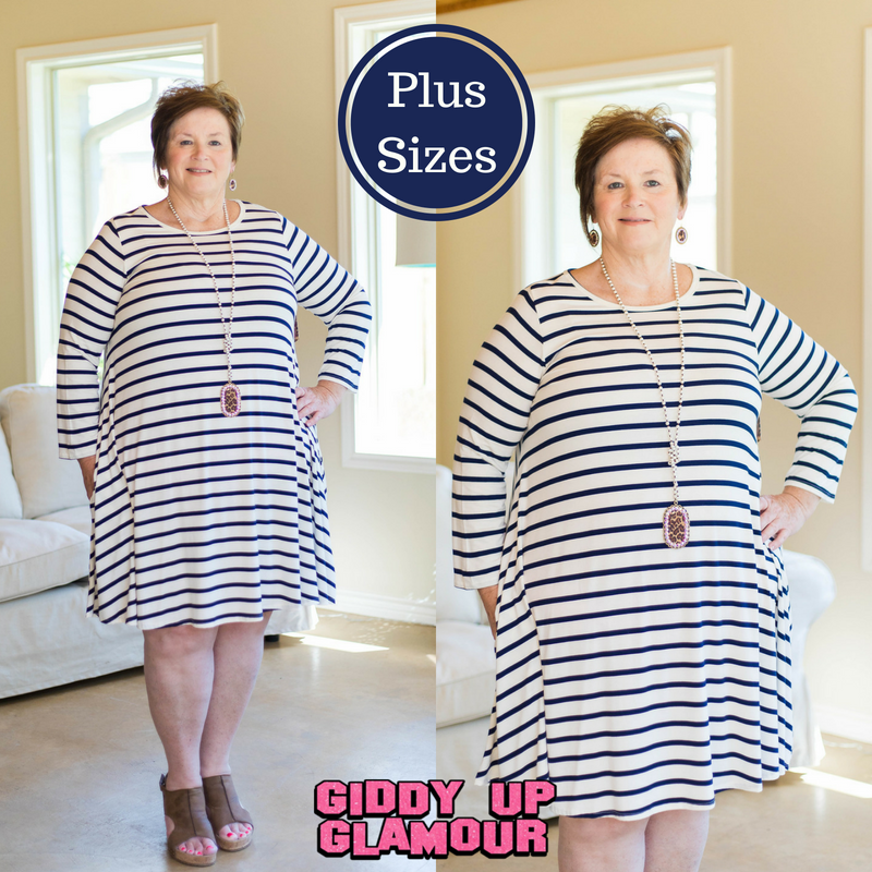 Last Chance Size 1XL & 2XL | All The Stripe A Line Tunic Dress in Navy - Giddy Up Glamour Boutique