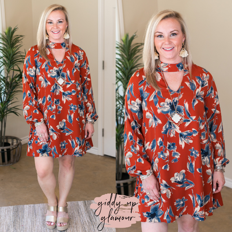 Last Chance Size Small & Medium | Honorable Mention Floral Print Keyhole Shift Dress in Rust Orange - Giddy Up Glamour Boutique