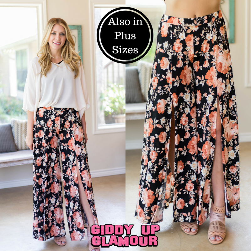 Trips With You Floral Split Pants in Black - Giddy Up Glamour Boutique