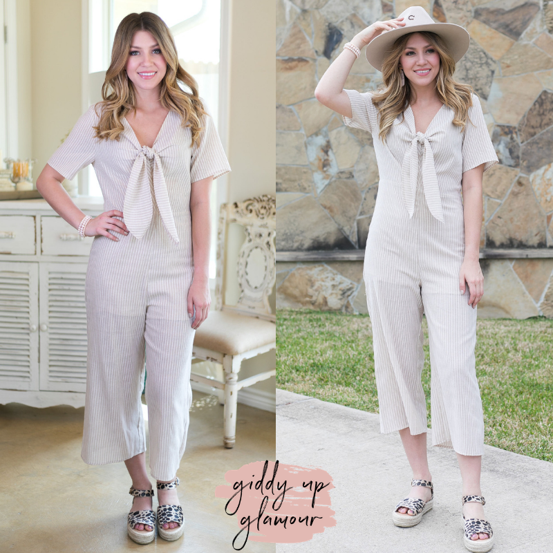 hint at perfection Women's trendy missy boutique clothing affordable clothing jumper jumpsuit romper stripe taupe khaki bohemian 