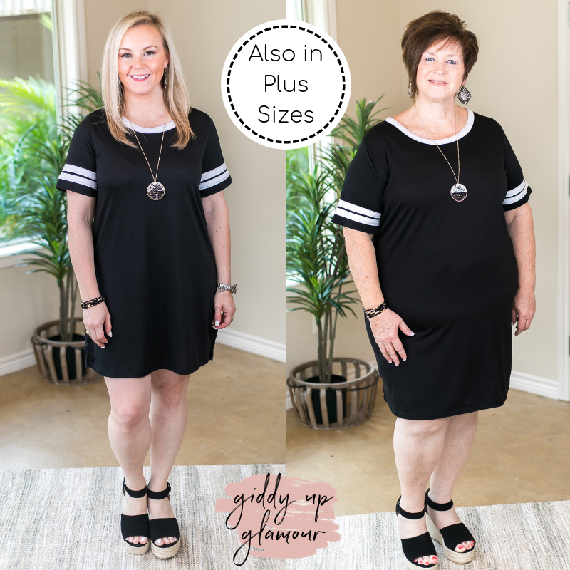 Last Chance Size Small | Say It Loud, Say It Proud Tee Shirt Dress with Jersey Stripe Sleeves in Black - Giddy Up Glamour Boutique